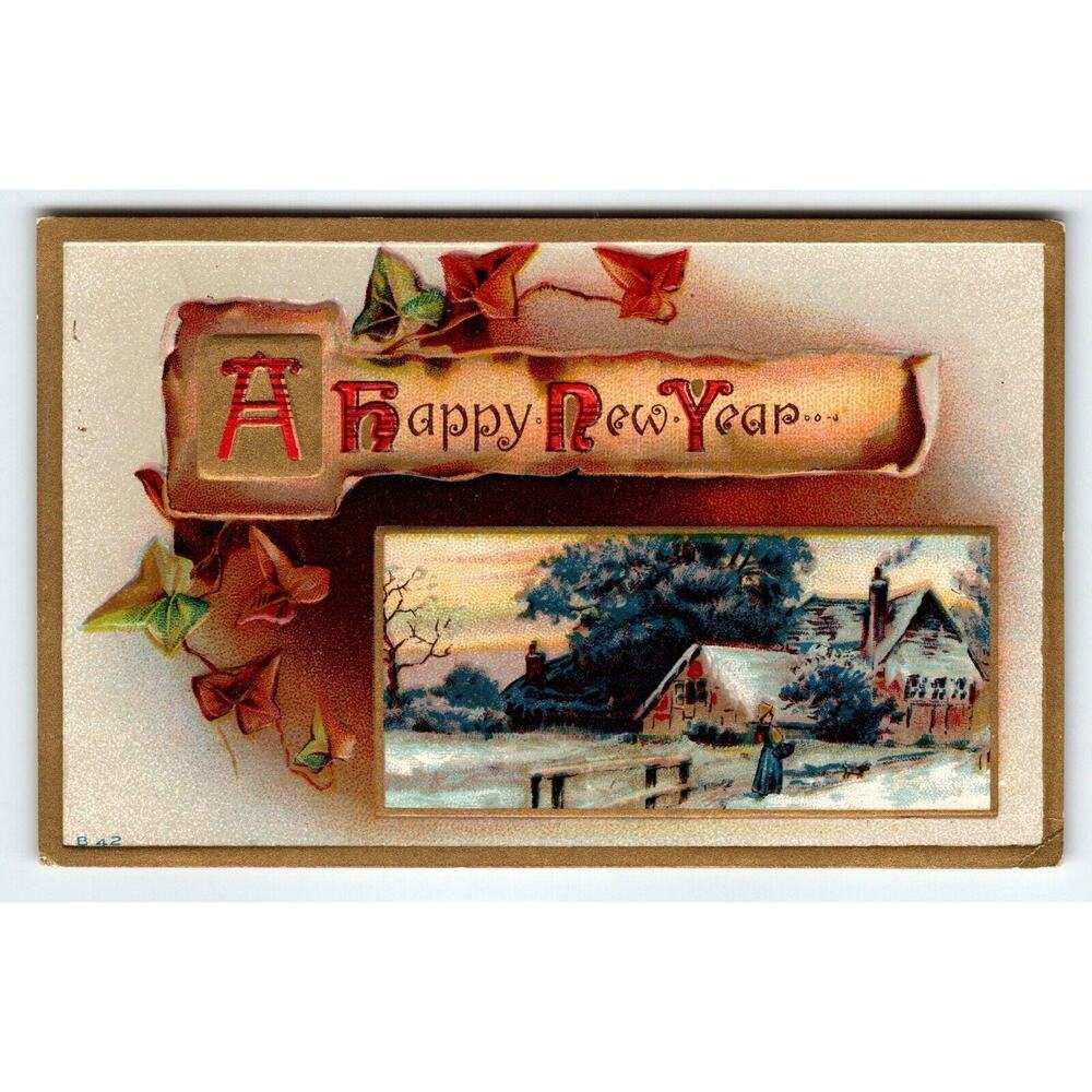 A Happy New Year Embossed Postcard Vintage Rustic Snowy Cottage Greetings B 42